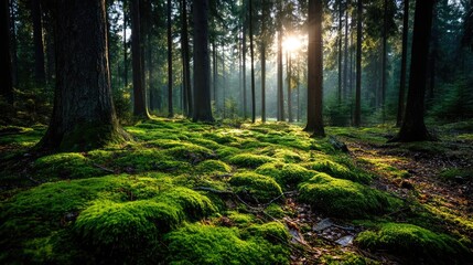 Obraz premium Green moss under forest light with peaceful mood concept. Serene forest scene with sunlight filtering through tall trees.