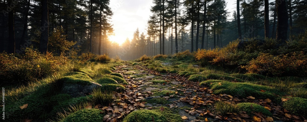 Poster green moss between grass and forest with relax mood concept. sunset illuminating a tranquil forest p