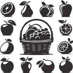 Silhouette Vector Set of Fruit Baskets – Black and White Icons of Fresh Fruit in Baskets for Farm, Market, and Kitchen Designs