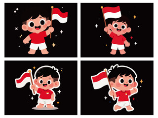 Cartoon-style vector illustration of a cute boy character celebrating Indonesian Independence Day.ai