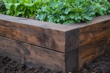 Close-up of a raised garden bed, dark brown wood planks, nestled in soil, growing greens