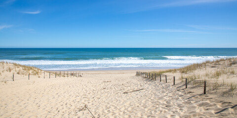 sand ocean pathway access in summer to beach le grand crohot in lege cap ferret sea atlantic coast...