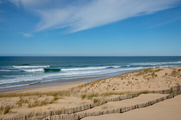 wooden protect fence in ocean coast for protection sand dune in le grand crohot in lege cap-ferret of atlantic in France
