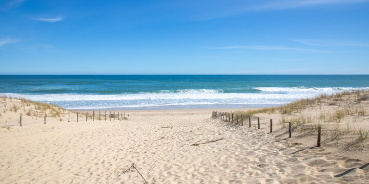 sand ocean pathway access in summer to beach le grand crohot in lege cap ferret sea atlantic coast in southwest gironde france - Powered by Adobe