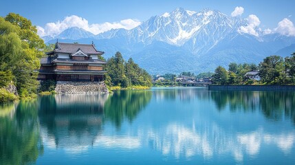 Naklejka premium Serene Japanese Lakeside Palace