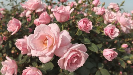 Fototapeta premium A breathtaking closeup of delicate light pink roses blooming abundantly in a lush green rose garden on a sunny day.