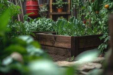 Wooden raised garden beds filled with vibrant green leafy plants, amidst a lush garden setting  Healthy vegetables and herbs flourish in the containers