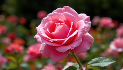 close up of blooming pink rose in focus with blurry rose field in the background.