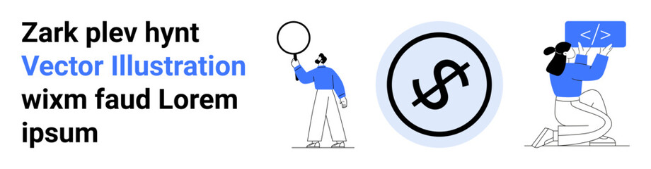 Person holding magnifying glass, currency symbol in circle, and individual presenting coding idea. Ideal for finance, programming, analysis, business, marketing, creativity simple landing page