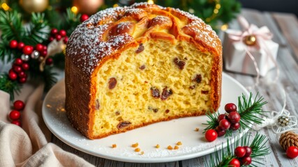 A delicious festive Panettone cake sliced and presented on a white plate surrounded by Christmas decorations.