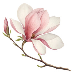 Obraz premium Elegant pink and white magnolia flower vector illustration on branch with buds, perfect for botanical designs, floral wedding invitations, garden prints, or feminine spring decor 