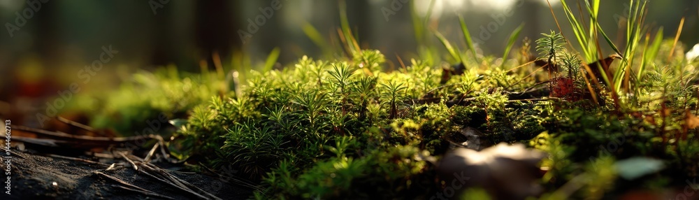 Poster green moss between grass and forest with relax mood concept. close-up view of vibrant green moss in 