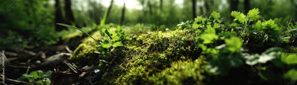 Poster green moss between grass and forest with relax mood concept. lush greenery and vibrant moss thriving