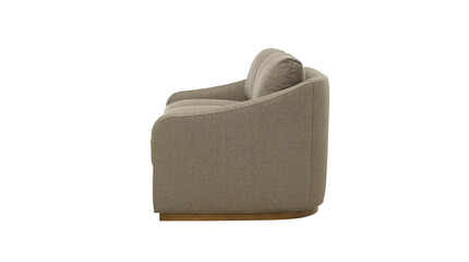 Modern barrel shaped sofa upholstered in neutral fabric on white background
