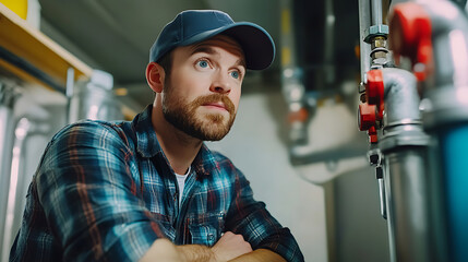 Man in a plaid shirt and cap inspecting industrial equipment