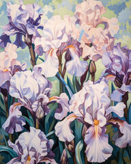 Beautiful blooming irises in soft purple, pink, and white hues, oil painting of spring flowers.