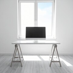 A bright, airy room features a sleek white desk adorned with a laptop and stationery, while sunlight streams through an open window, inviting fresh air.