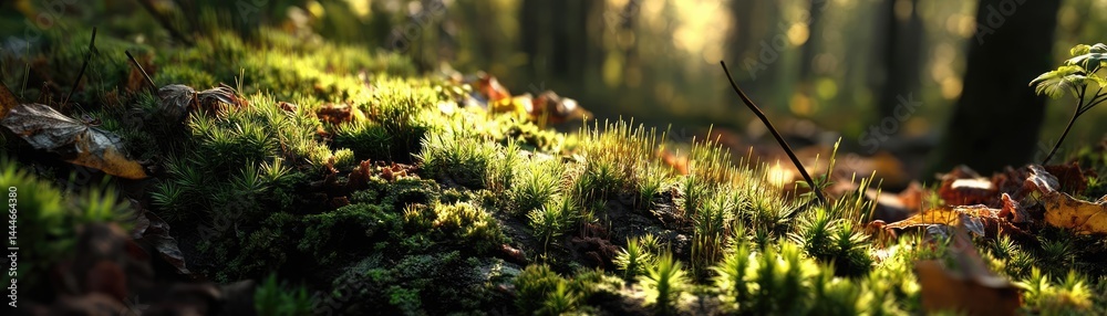 Poster green moss under forest light with peaceful mood concept. a serene forest scene with lush moss and s