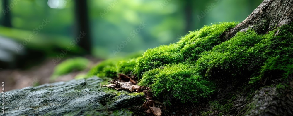 Poster green moss between grass and forest with relax mood concept. lush green moss growing on a rock with 