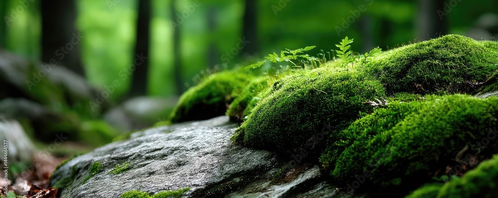 Poster green moss between grass and forest with relax mood concept. lush green moss covering smooth stones 