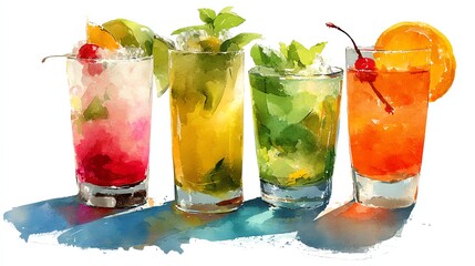 Vibrant watercolor illustration of four tropical cocktails with bright colors, hand-drawn texture, and hyper-detailed effects. Perfect for bar menus, ads, and summer-themed designs