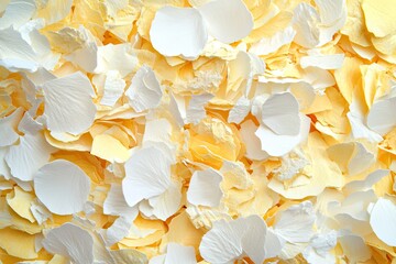 A close-up view of scattered pale yellow and white flower petals  A textured, vibrant background
