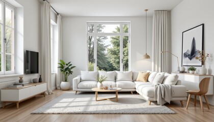 Fototapeta premium modern scandinavian living space with white sofa near window, rendered with generative ai.