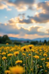 Obraz premium blurred field with yellow dandelions under soft sky with clouds, spring/summer nature banner scene.