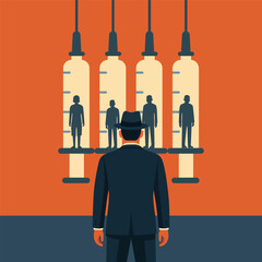 International Anti-Drug Day. Vector illustration of a man in a suit standing in front of large syringes containing drug addicted people silhouettes. In vector flat style