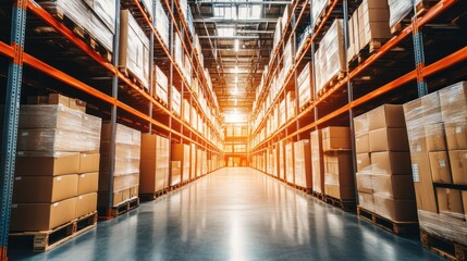 Fototapeta premium Wide warehouse aisle, filled with stacked boxes
