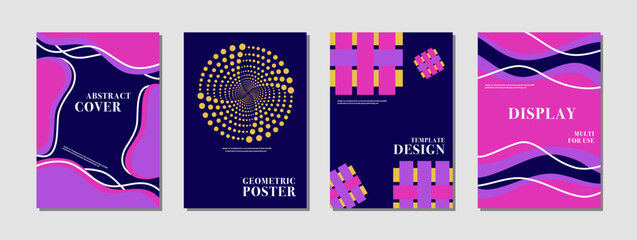 Abstract background template layout design. This is a retro futuristic template design creative vector illustration. navy blue, pink, purple, yellow. For cover, brochure, poster, banner, marketing