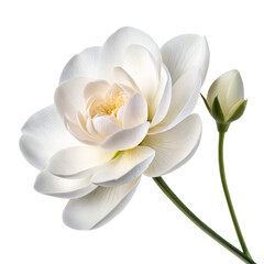 Fototapeta premium Elegant white flower in full bloom with closed bud on green stem, perfect for wedding invitation, minimalist floral print, spiritual artwork, serene nature-themed design and high-end botanical graphic