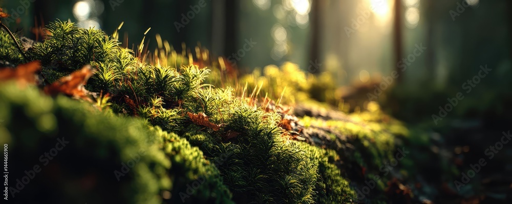 Aufkleber green moss between grass and forest with relax mood concept. serene forest moss bathed in golden sun