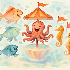 Cute Underwater Carousel with Octopus, Fish, and Seahorses