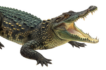 Naklejka premium Hyper-Realistic Crocodile Depiction – Detailed Teeth and Scales on White Background