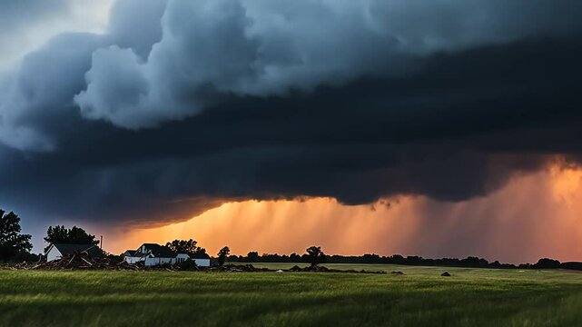 Ominous supercell storm cloudscape at sunset over rural landscape with damage