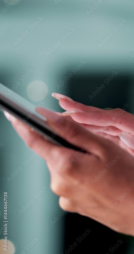 Poster woman, scroll and tablet in hands for finance, email draft and business account in office at night. 