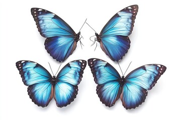 Obraz premium Three vibrant blue butterflies arranged symmetrically against a plain white background Detailed wings show intricate patterns and shades of blue