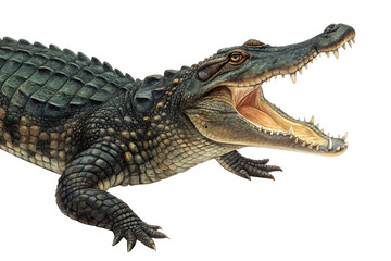 Naklejka premium Hyper-Realistic Crocodile Depiction – Detailed Teeth and Scales on White Background