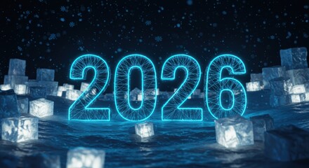 Obraz premium Glowing 2026 New Year s Eve Design with Ice Cubes and Snowflakes