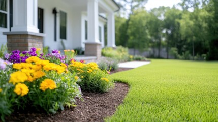 Front yard landscaping with vibrant flowers and manicured lawn.  A beautiful home exterior, showcasing well-maintained landscaping