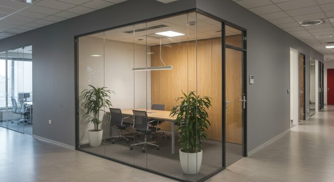 Modern office space with glass enclosed conference room and hallway with multiple office entrances
