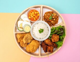 Colorful Asian Cuisine Platter Featuring Fried Chicken, Rice, and Fresh Vegetables on Wooden Tray