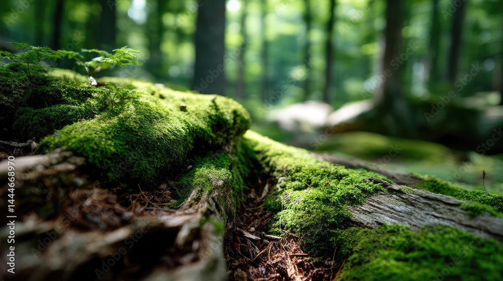 Poster green moss under forest light with peaceful mood concept. close-up of moss-covered log in a lush gre