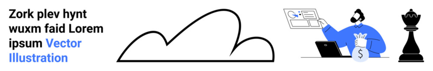 Cloud icon with a person analyzing financial data on a laptop, presenting charts near chess piece. Ideal for technology, finance, data analysis, digital strategies, business insights