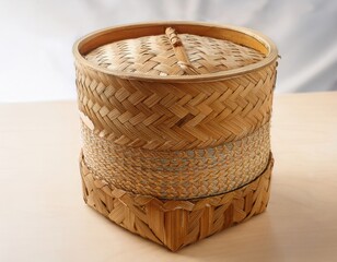 A woven bamboo container used for storing rice