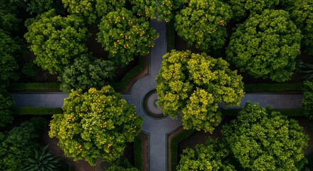Aerial View of Orchard with Pathway and Fountain