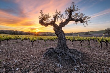 Ancient tree in vineyard at sunset  Mature olive tree with gnarled trunk and roots,  surrounded by young grapevines in a sun-drenched landscape  Warm, golden light of the setting sun