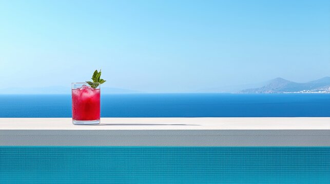 A refreshing red drink with mint sits poolside, overlooking a calm blue sea and distant mountains under a clear sky. - Powered by Adobe