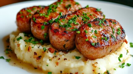 Mashed Potatoes with Sausages, Herb Garnish and Comforting Meal